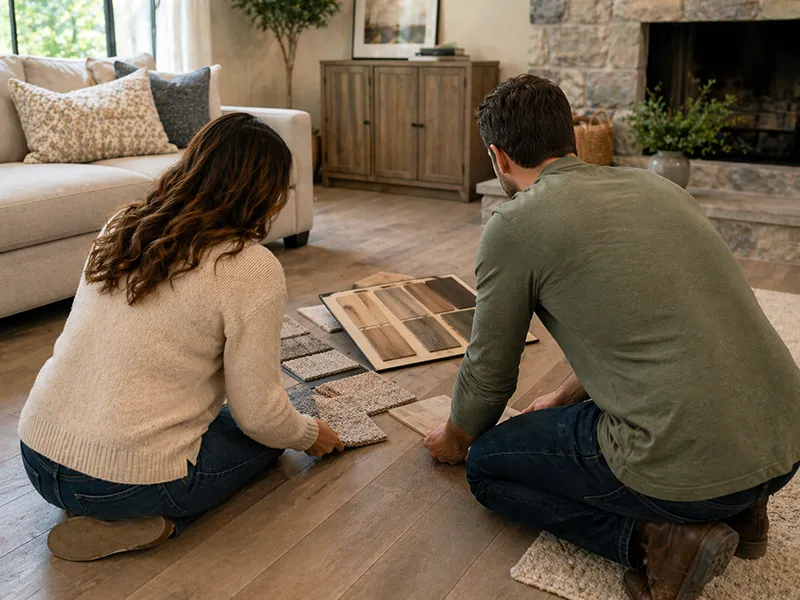 Shop-At-Home-Deciding Customers on the floor comparing new flooring swatches to their current flooring | All American Flooring