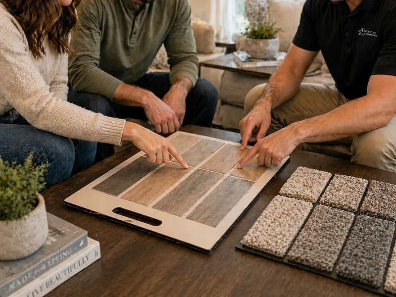 Shop-At-Home-Selecting Flooring customers selecting the floor they want with the Shop At Home associate | All American Flooring