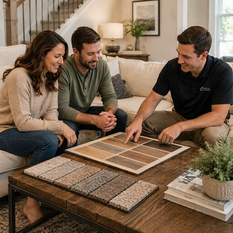 Shop-At-Home Flooring associate going over flooring samples in a couples home | All American Flooring